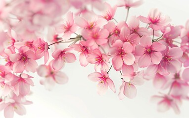 Delicate pink cherry blossoms arching gracefully over a white background.