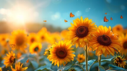 Obraz premium Beautiful blooming sunflowers on a background of blue sky with butterflies flying 