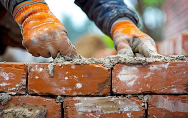 Hands in gloves laying red bricks with mortar.