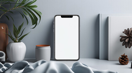 A sleek cell phone rests next to a delicate vase on a wooden table, highlighting the harmonious contrast between technology and nature