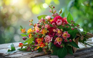 Bouquet of mixed seasonal flowers with green leaves on a wooden surface.