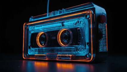 Retro audio cassette tape player on black background. Close up