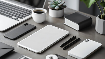 A cluttered desk featuring a laptop, phone, notebooks, pens, and other office supplies