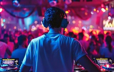 DJ commanding a lively crowd at a vibrant nightclub.