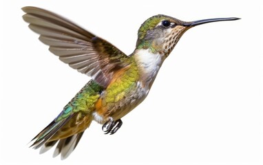 Brightly colored hummingbird in flight, isolated on white background.