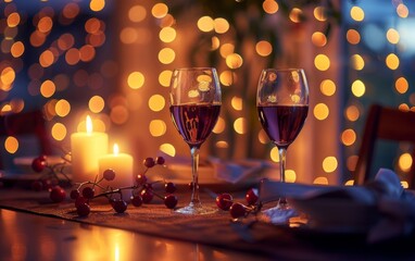 Intimate dinner setting with candlelight, wine glasses, and warm bokeh lights.