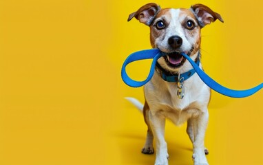 Jack Russell terrier with a blue leash in its mouth against a yellow background.