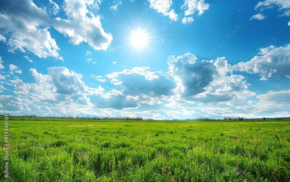 Wall mural Vast green meadow under a vibrant blue sky with fluffy clouds.