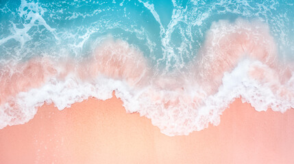 Top view of an amazing beach with pastel pink and blue hues, featuring ample copy space for text or design