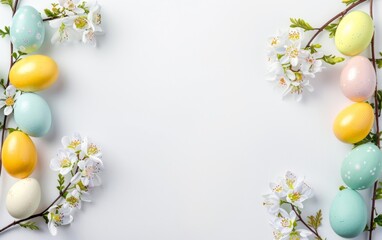 Easter eggs and spring flowers on a crisp white background.