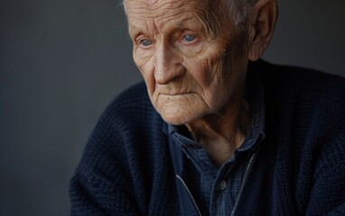 Elderly man with a thoughtful gaze, wearing a navy cardigan.