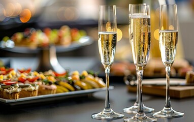 Elegant buffet with champagne flutes and gourmet appetizers.