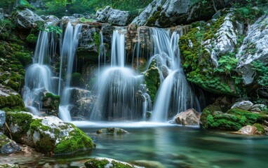 Fototapeta na wymiar Lush waterfall cascading over mossy rocks into a serene pool.