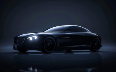 Luxury car with sleek lines and luminous headlights in a dark setting.