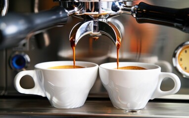 Espresso pours into white cups from a shiny coffee machine.
