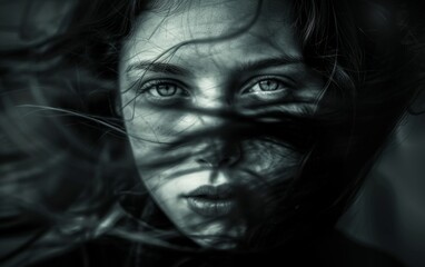 Ethereal monochrome portrait with a ghostly, blurred face.