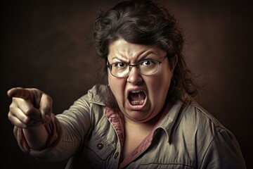 Fototapeta premium Angry teacher shouting and pointing finger in frustration, conveying intense emotion and authority in classroom setting