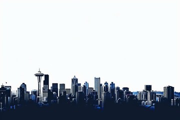 Seattle skyline silhouette with iconic Space Needle and modern city skyscrapers against blank white background.