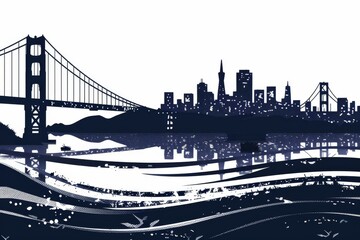 Stylized silhouette of San Francisco skyline with Golden Gate Bridge and reflected cityscape in vivid navy colors.