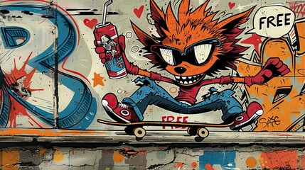 an old school american tattoo design featuring an anthropomorphic punk rock dog character skateboarding in an outdoor skate park 