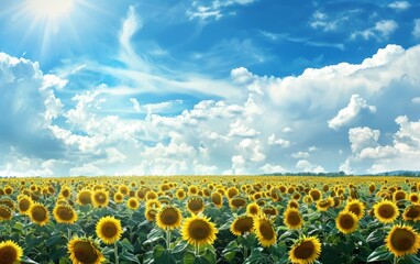 Expansive sunflower field under a vivid blue sky with fluffy clouds. - Powered by Adobe