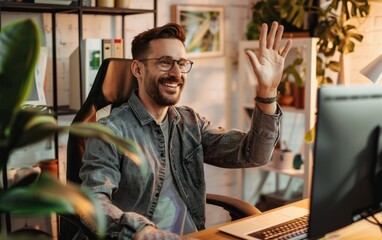 Man in a home office waving during a virtual meeting.
