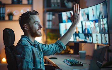 Man in a home office waving during a virtual meeting.