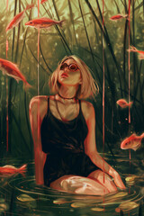 surreal illustration of woman in water with goldfish, wearing sunglasses, fantasy aquatic scene.