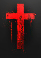 grunge red cross on black background, abstract illustration with paint splatter effect
