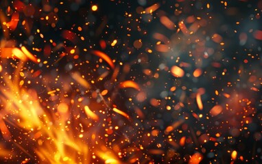 Fototapeta premium Fiery orange sparks scattered across a dark background.