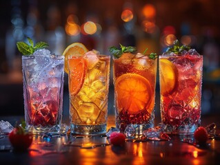 beautiful row line of four different colored alcohol cocktails on bar in nightclub 