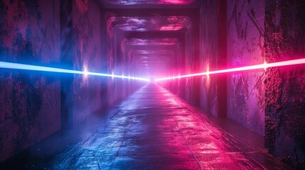 Blue and violet beams of bright laser light shining on black background 