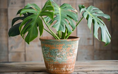 Monstera plant in a rustic terracotta pot.