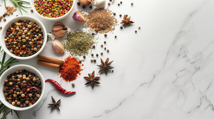 Fototapeta premium Photo of Array of Spices and Herbs in White Bowls on Marble Surface