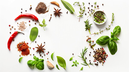 Various Herbs and Spices Arranged in a Circle