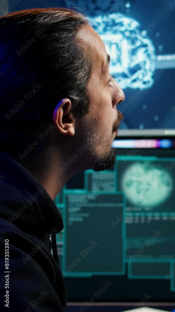 Poster vertical video hacker using ai machine learning on computer to produce malware corrupting data. scam