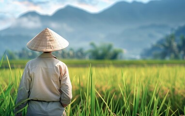 Person in conical hat tending rice paddies with mountains backdrop.