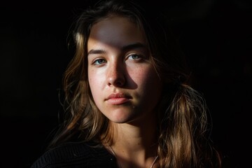 Naklejka premium Thoughtful young woman experiencing a quiet moment in a ray of sunlight with a dark contrasting background