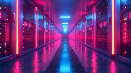 Fototapeta premium 3D Rendering of Computer Server in Data Center with Blue and Red Lights