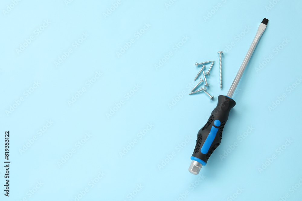 Wall mural Screwdriver with black handle and screws on light blue background, flat lay. Space for text