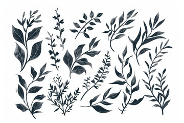 Vector branches and leaves on a white background. Hand drawn floral elements. Vintage botanical illustrations set vector icon