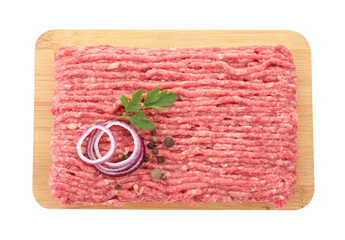 Board with raw ground meat, onion, peppercorns and parsley isolated on white, top view