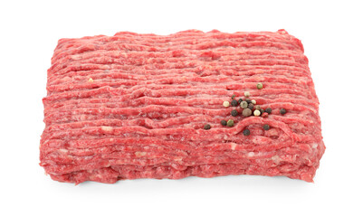 Raw ground meat and peppercorns isolated on white