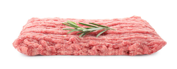 Raw ground meat and rosemary isolated on white