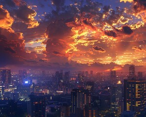 Obraz premium A highrise city skyline at twilight, with skyscrapers lit up and a dramatic cloudcovered sky