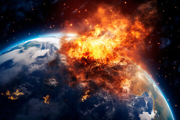 Burning and exploding planet Earth. The concept of global disaster and warming. Close up