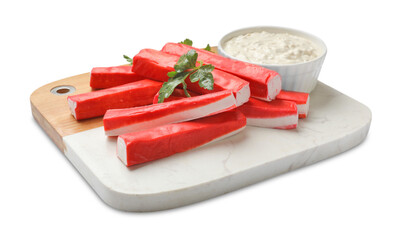 Tasty crab sticks, sauce and parsley isolated on white © New Africa