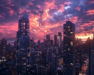 Obraz premium A highrise city skyline at twilight, with skyscrapers lit up and a dramatic cloudcovered sky