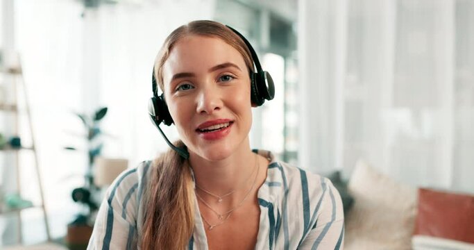 Woman, headphones and wave on video call in home with smile, face and greeting for online course. Girl, person and ESL teacher with e learning, talking and tutorial for development with education