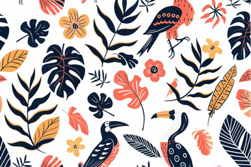 Vector seamless tropical pattern with jungle  animals, birds, flowers and leaves on light background. set vector icon, white background, black colour icon